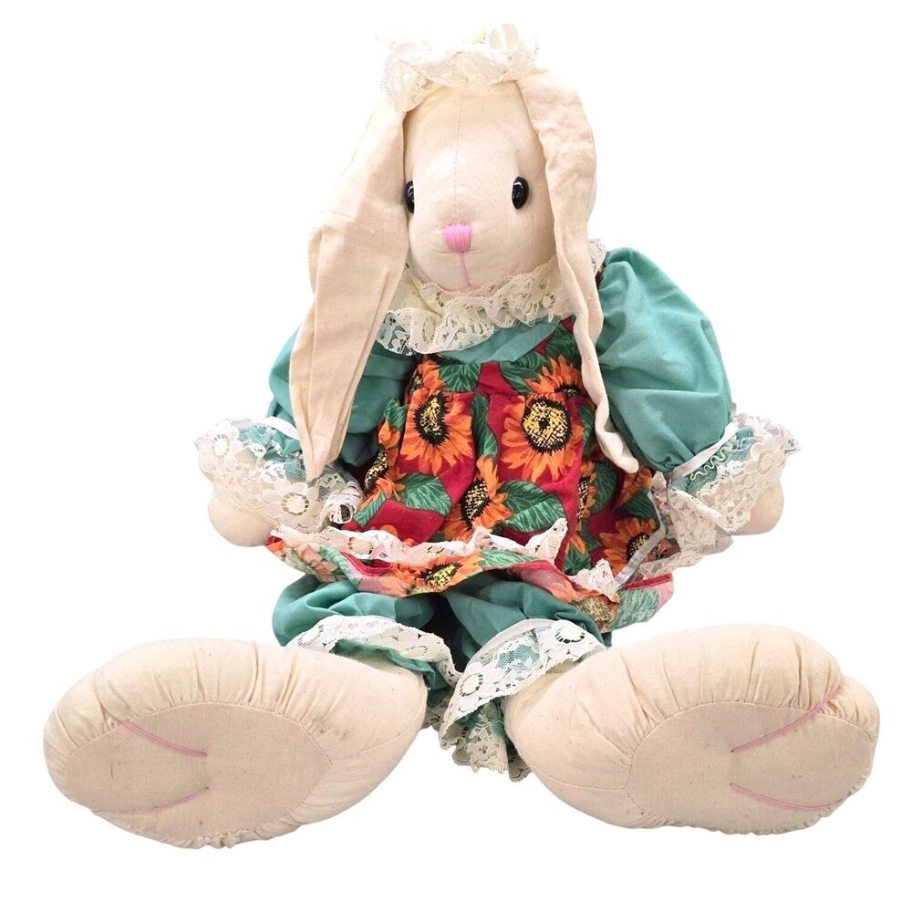 90s VTG DanDee Soft Expressions Collectible: Muslin Bunny Rabbit w/Sunflower 18"